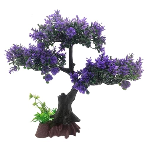Aquarium Artificial Plants Decor, Cherry Blossom Tree with Grass Set, Pink Plastic, 9.44x3.54x2.75 Inches, for Nature Underwater Landscape (Purple) - color: Purple