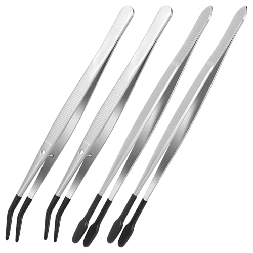 4 Pieces Tweezers with Rubber Tips PVC Rubber Coated Tweezers Rubbers Long Bent Tip Tweezer and Straight Flat Tip Tweezer for Lab Stamp Hobby Jewelry Crafts Feeding (Silver, Black)