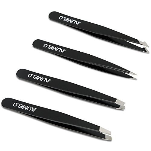 Tweezers Set 4-Piece Professional Stainless Steel Tweezers with Travel Case by Aumelo - Best Precision Eyebrow and Splinter Ingrown Hair Removal Tweezer Tip for Men & Women,Black - color: Black