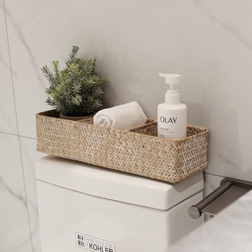 Seagrass Storage Basket 3 Sections Woven Shelf Baskets with Compartment (Whitewash, 14.6inch x 4.7inch x 3.1inch) - color: Whitewash 3 Sections without Lid