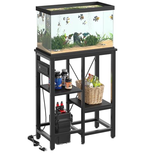 Bestier 10 Gallon Fish Tank Stand with Power Outlet, 20.3x10.6 Metal Aquarium Stand with Filter Storage, 6-Leg Reptile Tank Stand with 3-Tier Adjustable Storage Shelves, 264LBS Capacity，Black Oak - color: Black, size: 5-10 Gallon