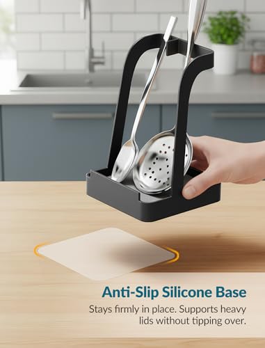 NiHome Upgraded Pot Lid and Spoon Rest with Diatomite Absorbent Tray & Silicone Anti-Slip Pad – Sturdy Metal Frame, Multifunctional Ladle Holder for Kitchen Countertop, 3.9"x3.9"x6" (Black) - color: Medium Black, size: with diatomite