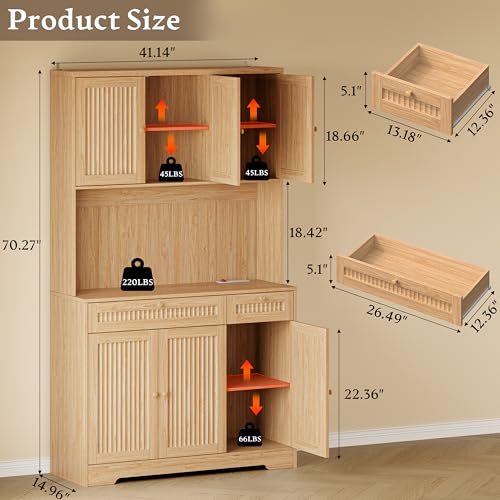 BORNOON Pantry Cabinet with Charging Station and Light, Tall Kitchen Pantry Storage Cabinet with Microwave Stand, Wide Fluted Kitchen Hutch with Storage Drawers and Adjustable Shelves for Dining Room - color: Oak, size: 6-Door