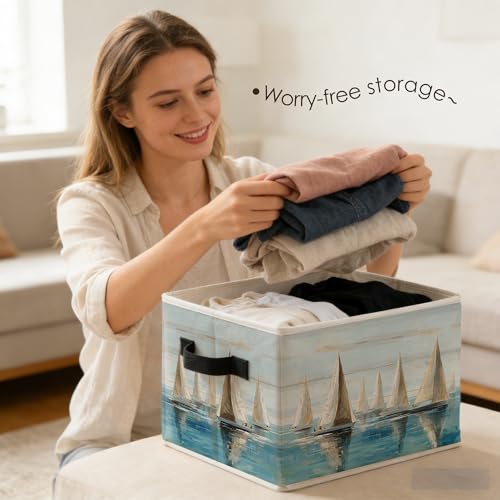 Sailboat Nautical Storage Bins Box with Handles, Coastal Beach Abstract Ocean Landscape Foldable Basket Toybox for Beach House Bedroom Bathroom Home Clothes Toys Books - color: color-7