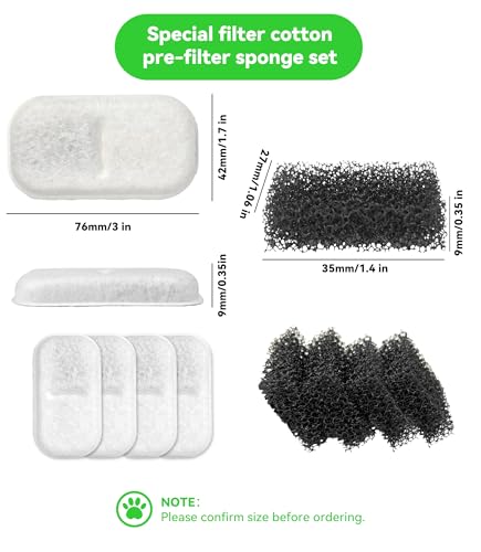 Cat Water Fountain Filter Replacement: 4 Carbon Filters & 4 Foam Sponges Kitty Spout Pump Filters for 108Oz/3.2L & 67Oz/2L Stainless Steel Pet Water Dispenser Cat Dog