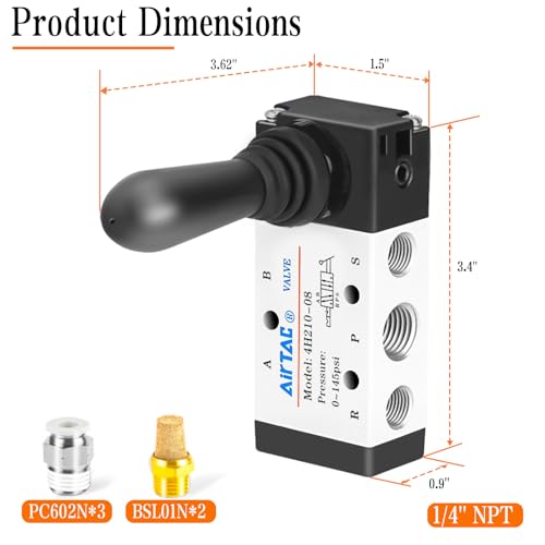 1/4"NPT 5 Way 2 Position AirTAC 4H210-08 Air Hand Lever Operated Valve, Pneumatic Solenoid Valve, Manual Control Air Solenoid Valve - size: 1/4"NPT, style: 5 Way 2 Position