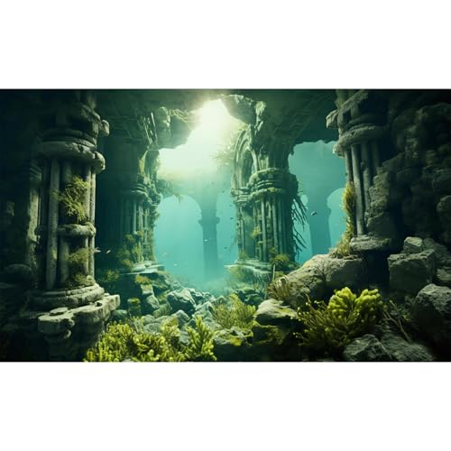 Under The Sea Aquarium Background Underwater Cave Sunken Ruins Fish Tank Background Aquatic Seagrass Coral Reefs Submerged Structure Terrarium Backgrounds Underwater City Reptile Backgrounds 24x12in - color: Green_Grey, size: 24(W)x12(H)in