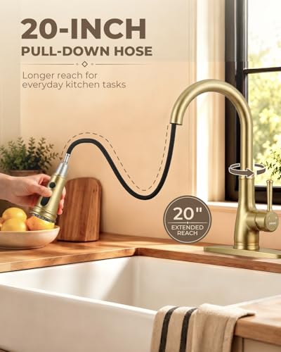 WEWE Vintage Kitchen Faucet with Pull Down Sprayer, Stainless Steel 1 or 3 Hole High Arc Single Handle Antique Sink Faucet for Classic Modern Ktichen, Gold Bar & Prep Sinks - color: Gold, style: Vintage