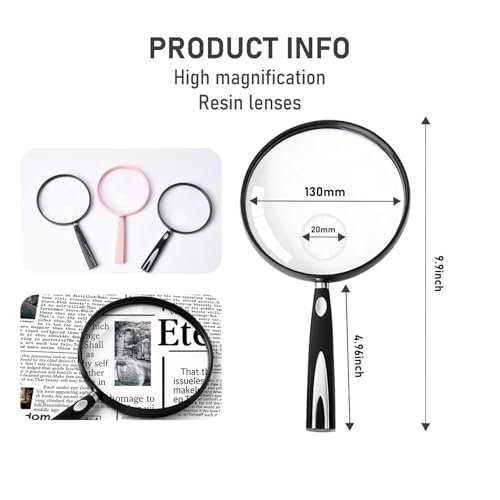 Feosky Handheld Reading Magnifier, 10X Magnifier, 130mm Shatterproof Lens, Non-Slip Handle for Adults Close Work, Seniors Reading and Nature Exploration, Hobby Observation(Silver) - color: Silver, size: 130mm
