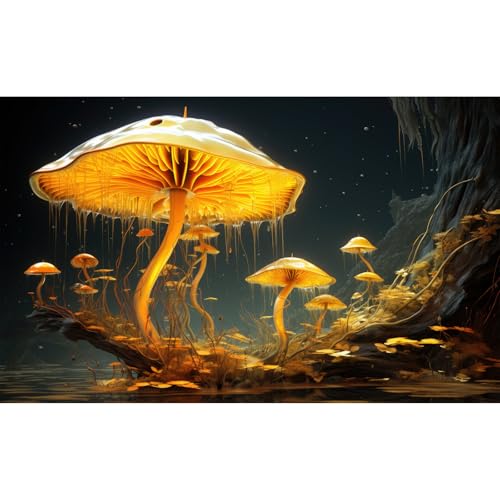 Fantasy Mushrooms Aquarium Background Fantasy Mushroom in Magical Enchanted Fairy Tale Stream Reptile Tank Enclosure Terrarium Backgrounds Mushroom Theme Landscape Fish Tank Backgrounds 24x12in - color: Yellow, size: 24(W)x12(H)in