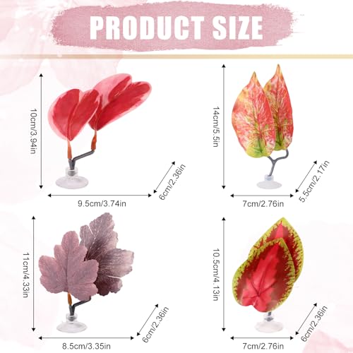 4pcs Betta Leaf Hammock, 4 Styles Adjustable Plastic Betta Bed Resting Spot Small Fish Tank Decor Decoration Accessories with Suction Cup & Bracket for Aquarium Four-Eyed Silk Fish Guppy to Rest (Red)