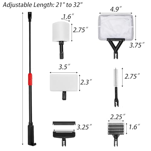 6 in 1 Aquarium Cleaning Tool Kit, Fish Tank Cleaner Set with Adjustable Telescopic Long Handle (21-32 Inch) Include Algae Scraper, Scrubber Pads, Fish Net, Tube Cleaning Brush, Gravel Rake