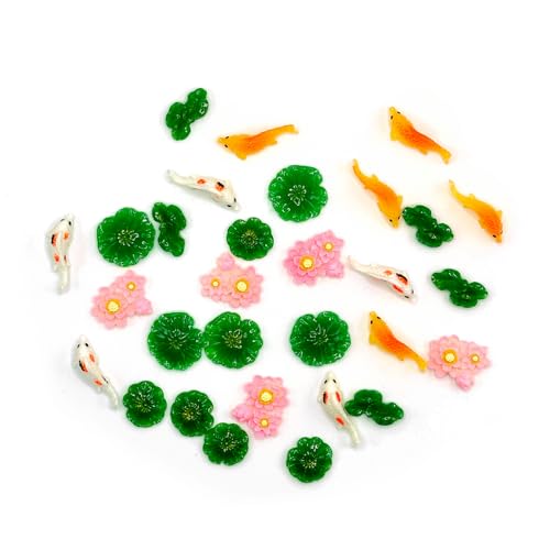 30PCS Mini Resin Lotus Leaf, Tiny Simulated Koi Carp, Resin Miniature Model Cake Decoration, Lotus Pond Figurine Bulk for Moss Landscape Terrarium Micro Fairy Garden Decoration Ornament Accessories - color: Lotus & Koi Carp