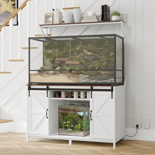 VOWNER Farmhouse Reptile Tank Stand with Power Outlet, 48" X 24" Tabletop Fits up 120 Gallon Bearded Dragon Tank, Heavy Duty Aquarium Stand with Storage Cabinet, Reptile Turtle Terrarium Stand White - color: White + Walnut