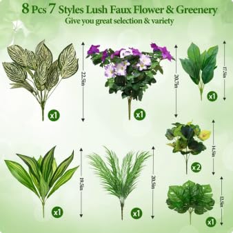 Livole 8Pcs 7 Styles Artificial Plants Outdoor Realistic UV Resistant Artificial Flowers Large Bunches Faux Plants Greenery Stems Boston Fern for Garden Porch Planter Window Box Home Decor - size: 8Pcs