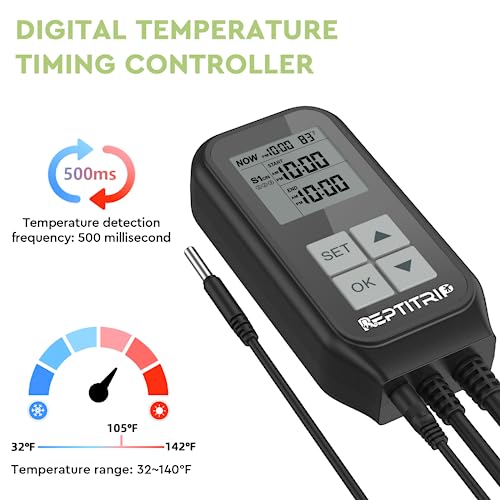 REPTITRIP Reptile Thermostat, Light Timer for Temperature and Lighting Control, Day-Night Timer Thermostat with Reptile Thermometer for UVB Light, Heat Lamp, Heating Pad, 10A 1250w