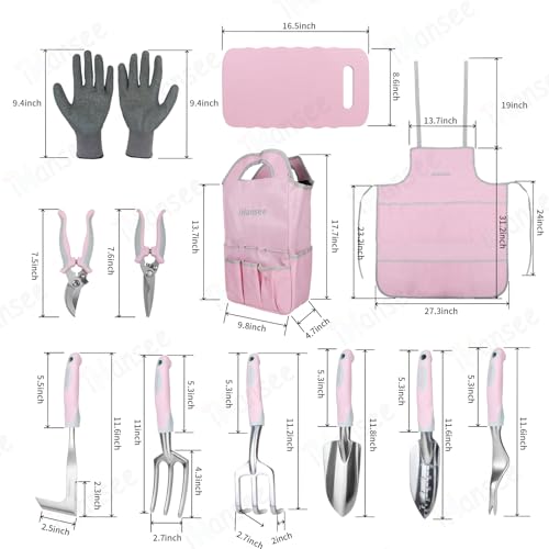 Pink Garden Tool Sets 12 Pieces, iHansee Aluminum Gardening Hand Tools with Non-Slip Handle, Kneeling Pad, Apron, Gloves and Organizer Bag, Landscaping Tools - Gift for Women & Garden Enthusiasts - style: Pink