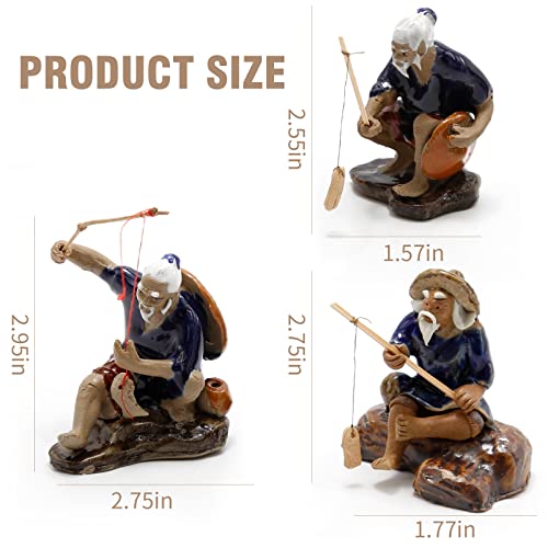 3 PCS Fisherman Statue Fishing Ornament Bonsai Accessory Tree Pot Chinese Clay Man Ceramic Garden Decoration Fish Tank Bonsai Garden Decoration