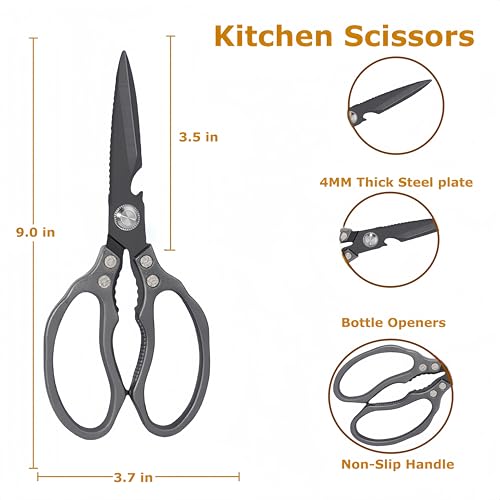 AWinjoy Heavy Duty Sharp Kitchen Scissors - Dishwasher Safe Black Cooking Shears for Meat, Chicken, Fish, Poultry, Herb, Bread (All Black) - color: All Black