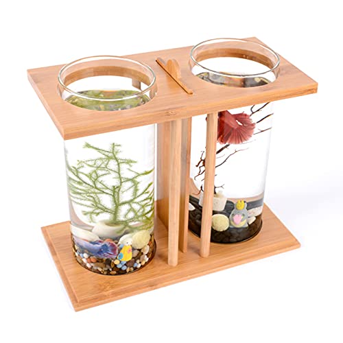 Dual Chamber Bamboo Desktop Aquarium - Mini Betta Fish Tank with LED Light, 360° View Glass Tanks for Goldfish or Small Fish, Home Office Decor