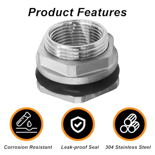 Murtenze 1" Bulkhead Water Tank Connector, Stainless Steel Water Tank Fitting Thru-bulk Adapter, Water Pipe Connector for Rain Barrels/Aquariums/Water Tanks - size: 1 Inch