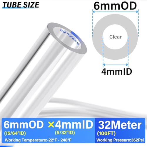 TAILONZ PNEUMATIC Clear 6mm OD 4mm ID Polyurethane PU Air Hose Pipe Tube Kit 32 Meter 100ft - color: Clear, size: 6mm OD/100ft/32m