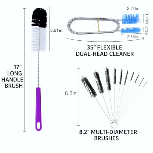 12 Pcs Glass Tube Pipe Cleaning Brush Set – 35" Flexible Hose Brush, 17" Extra Long & Multi-Sized Nylon Cleaners for Curved Glass Tubing, Narrow Neck Tumblers, Straws & Crevices