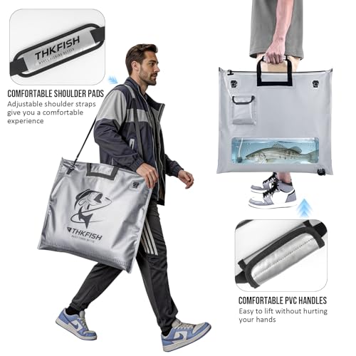 THKFISH Fish Tournament Weigh in Bag for Bass Fishing, Heavy Duty Insulated Live Fish Bag for Caught Fish with Waterproof Zipper and Mesh Liner, Leakproof,Puncture Resistant (Silver-25×23in with Net) - color: Silver-25×23in with Net