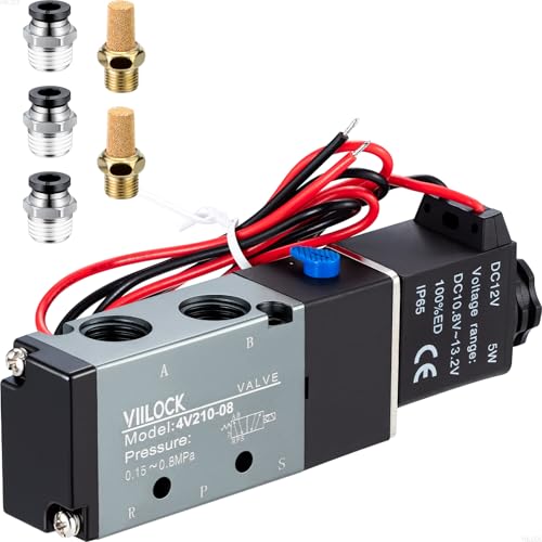 Pneumatic Solenoid Valve, 5 Way 2 Position 1/4”NPT Electric Air Control Valve 4V210-08 (DC12V Wire) - style: DC12V Wire