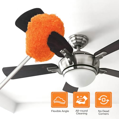 Ceiling Fan Cleaner Duster Reusable Microfiber Ceiling Fan Blade Cleaner Removable Duster with Extension Pole Adjusts 13 to 49.7 Inch for Cleaning Walls Bookshelves Furniture Door Window Top (Orange) - color: Orange