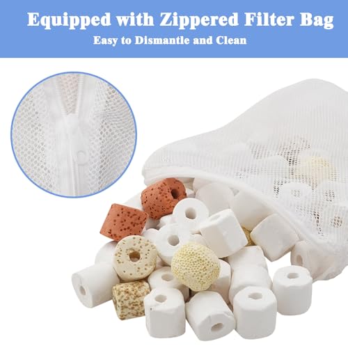 Aquarium Filter Media, 12 in 1 Bio Balls Ceramic Rings Set with Zippered Mesh Bag, Durable Freshwater Marine Biological Filter Media for Fish Tank, Pond, Canister (1.1lb, 500g)