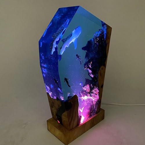 Whale Shark Ocean Resin Lamp, Handmade Wooden Table Resin Night Light, USB Port Art Ornaments for Home Office Decor, Scuba Diver Gifts for Birthday Holiday, Valentine's Day Gifts for Husband - color: Whale Shark, size: L