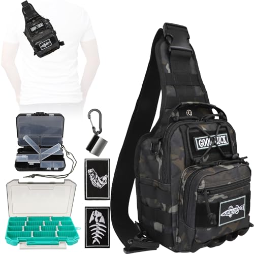 Dovesun Small Fishing Backpack, Waterproof Fly Fishing Sling Pack Tackle Bag with Tackle Boxes - color: A-Black(Size:17.7*8.5*5.7in)