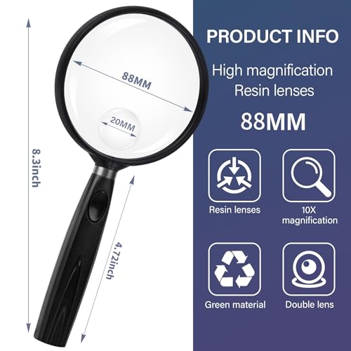 Feosky Handheld Reading Magnifier, 10X Magnifier, 90mm Shatterproof Lens, Non-Slip Handle for Adults Close Work, Seniors Reading and Nature Exploration, Hobby Observation(Black) - color: Black, size: 90mm