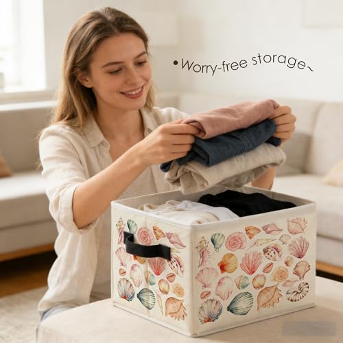 Coastal Beach Colorful Seashell Storage Bins Box with Handles, Preppy Coastal Summer Ocean Conch Foldable Basket Toybox for Girls Room Bedroom Bathroom Home Clothes Toys Books - color: color-5