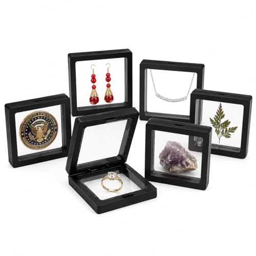 6 Pack 3D Floating Display Case, Freestanding Clear Suspension Frame and Jewelry Holder for Challenge Coins, Enamel Pins, Rocks, Rings and Plant Specimens - color: Black, size: 2.7*2.7*0.8