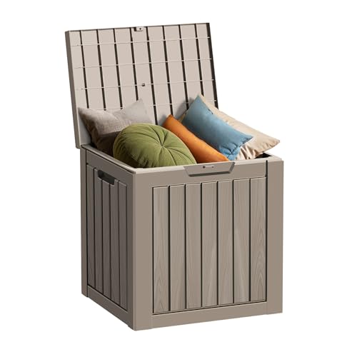 TARKARI 35 Gallon Small Waterproof Outdoor Storage Box, Resin Deck Box Lockable for Patio Furniture, Garden Tools, Pool Accessories, UV-Resistant for All Weather Use, Greige - color: Coffee, size: 35 GAL