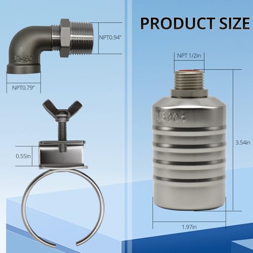 HXH 1 Pack NPT Water Float Valve Kit, 1/2" to 3/4'' Auto Shut off Water Level Control Float Valve, 304 Stainless Steel Fully Automatic water shut off valve for Pool, Livestock Troughs.