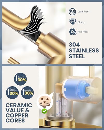 Kitchen Faucet with Air Gap: WOWOW Stainless Steel Kitchen Sink Faucet and Dishwasher Air Gap Kits for Kitchen Sink 2 or 4 Hole, Brushed Gold Kitchen Faucet Combo with Sprayer - color: Gold, style: Kitchen Faucet with Air Gap Kit