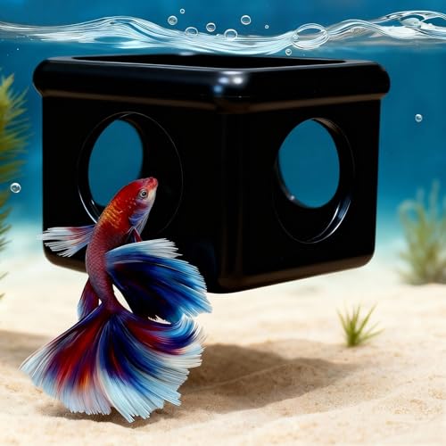 Black Floating Betta Fish Hideout with Round Holes & Window – Floating Cave Hammock, Feeding Platform & Resting Tunnel – Betta Fish Shelter for Nano Tanks, Bowls & Small Aquariums - color: C: Black