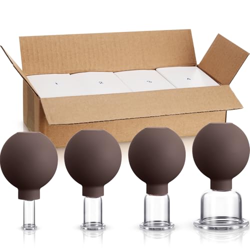 BBTO 4 Pcs Glass Facial Cupping Set Silicone Vacuum Suction Massage Cups Skin Tightening Therapy for Face Body Eyes Back Shoulder Pain(Brown) - color: Brown
