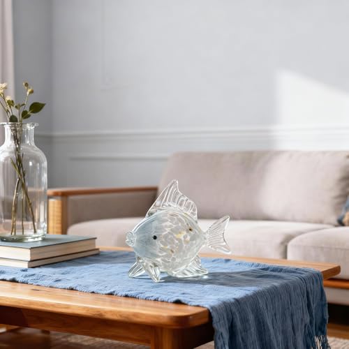 Large Hand Blown Glass Fish Figurines, Aquarium Sea Glass Art, Blue White Fish Statue Sculpture Modern Coastal Accent - for Beach Knick Knacks, Coffee Tables, Nautical Offices Centerpiece - color: Blue White