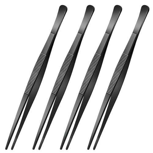 Yaomiao 4 Packs 10 Inch Bar Tweezers Black Cocktail Tongs Long Garnish Tweezers Stainless Steel Bartender Kitchen Cooking Tongs for Cocktail Food Fruit Korean BBQ Bartender Chef, Multi-use - color: Black, size: 10 Inch