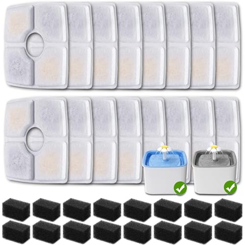 16 Pack Replacement Filters & 16 Pack Pre-Filter Sponges for Veken 84 oz / 2.5L Automatic Pet Water Fountain, Triple Filtration Cat Fountain Replacement Filter - color: 16+16