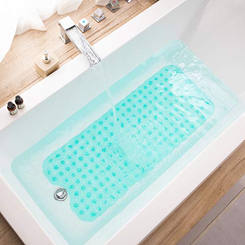 TEESHLY Bathtub Mats for Shower Tub, Extra Long Non-Slip 39 x 16 Inch Bath Mat with Drain Holes and Suction Cups, BathMat for Bathroom with Machine Washable (Clear Turquoise) - color: Clear Turquoise