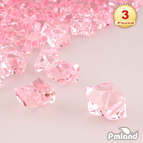 PMLAND Clear Fake Ice Rocks – 550 Pcs Large Pink Acrylic Gems Crushed Plastic Diamonds, 3 Lbs / 2.25 Quarts Bulk Vase Filler for Centerpieces Wedding Theme Décor Aquarium Table Scatter - color: Pink