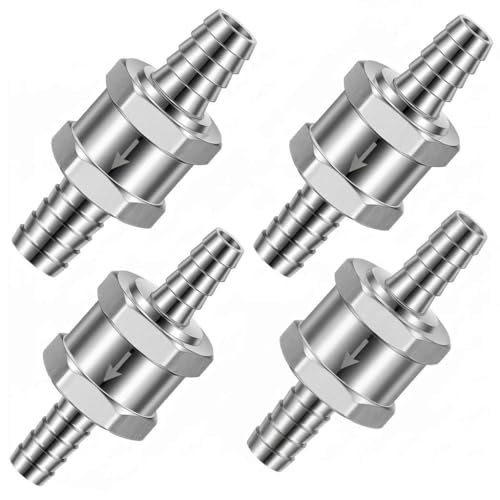 QWORK Aluminum Alloy Fuel Line Check Valves 1/4 5/16 3/8 1/2 Inch, 4 Pack One Way Non Return Valves for Gasoline Diesel Oil Water with High Pressure Resistance and Easy Installation Silver