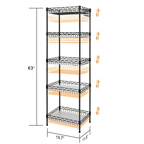 Storage Shelves, 5-Tier Wire Shelving Unit with Baskets Storage Rack Corner Shelf Shelving Adjustable Storage Shelf, 11.8" D x 15.7" W x 63" H, Black - size: 5-Black Net basket rack