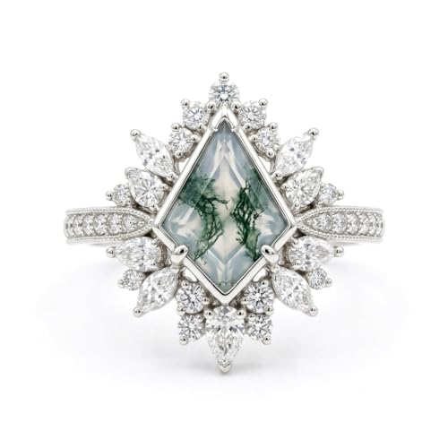 Natural Moss Agate Engagement Ring Set for Women, Unique Genuine Moss Agate Ring, 925 Sterling Silver 10K 14K 18K Solid Gold Nature Inspired Bridal Set, Boho Wedding Jewelry Gift - color: Seven