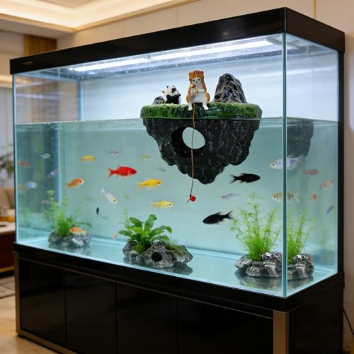 Aquarium Floating Island, Aquarium Decor, Cat Fishing Fun Fish Tank Decorations, Aquarium Cave Fish Hideout for Betta Goldfish Shrimp